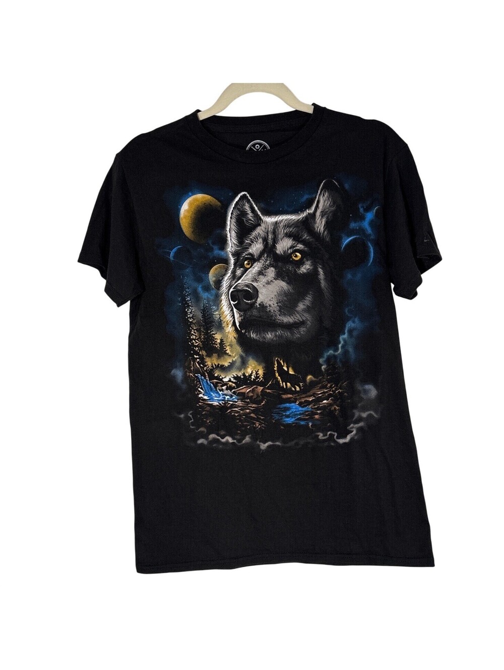 DOM Wolf Moon Waterfall Graphic T Shirt Black Size S Cotton Wolvis
